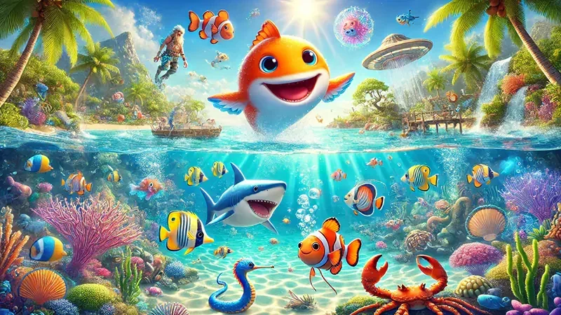Suasana aksi target bawah laut dalam permainan tembak ikan
